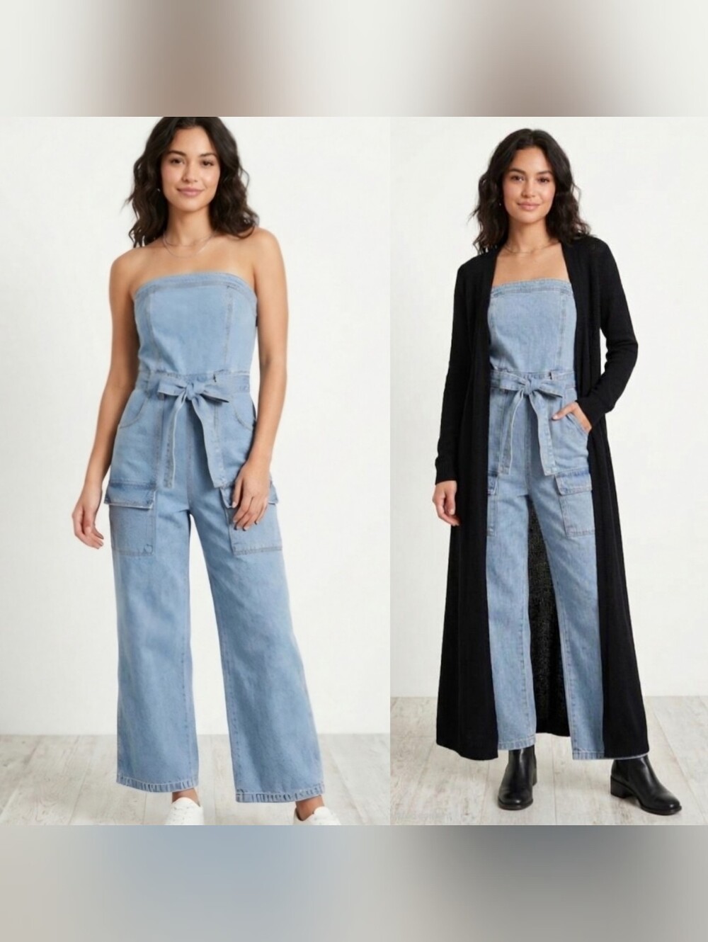 Sincerely Jules Strapless Denim Cargo Jumpsuit Light Wash Small